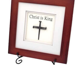 Christ Is King Christian Gift For Home Decor, House Warming For Christian Home Decor, Framed Jesus Christ Is King Brown Frame
