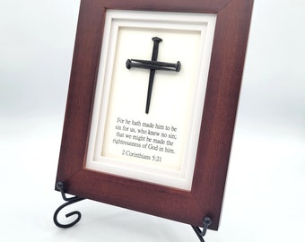 2 Corinthians 521 Christian Gift for House Warming Christian Gift for Christian Baptism Gift Brown Frame Nails and Cross