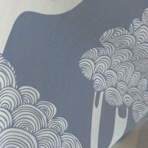 Puede incluir: Primer plano de una tela estampada azul y blanca. El dise&ntilde;o presenta formas estilizadas de &aacute;rboles y patrones arremolinados. La tela est&aacute; doblada, revelando la repetici&oacute;n del patr&oacute;n.