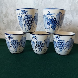 Hand-Painted Ceramic Wine Glasses - Set of 5 - Grape Pattern