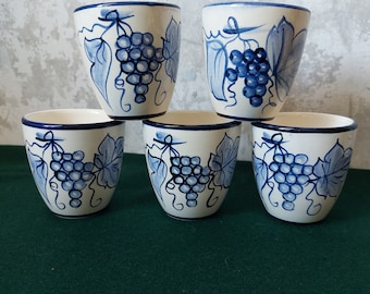 Set of 5 beautiful ceramic glasses for wine, hot drinks with a pattern of grapes. Hand painted.