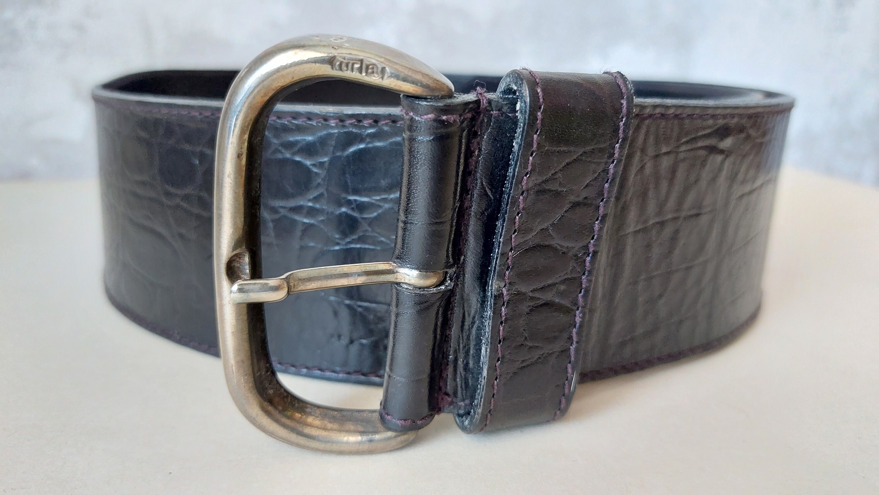 Vintage FURLA Leather Belt: Black, Silver Buckle, Made in 