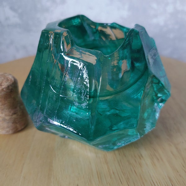 Kosta Boda,rare color,Rock series 1991,design by Anna Ehrner,green glass candleholder,Sweden