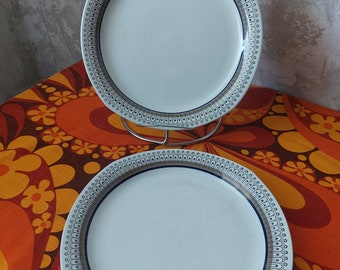 以下が含まれることがあります： 青と茶色の模様の縁取りが施された白いセラミック製のプレートが2枚。プレートは丸く、わずかに波打った縁をしています。