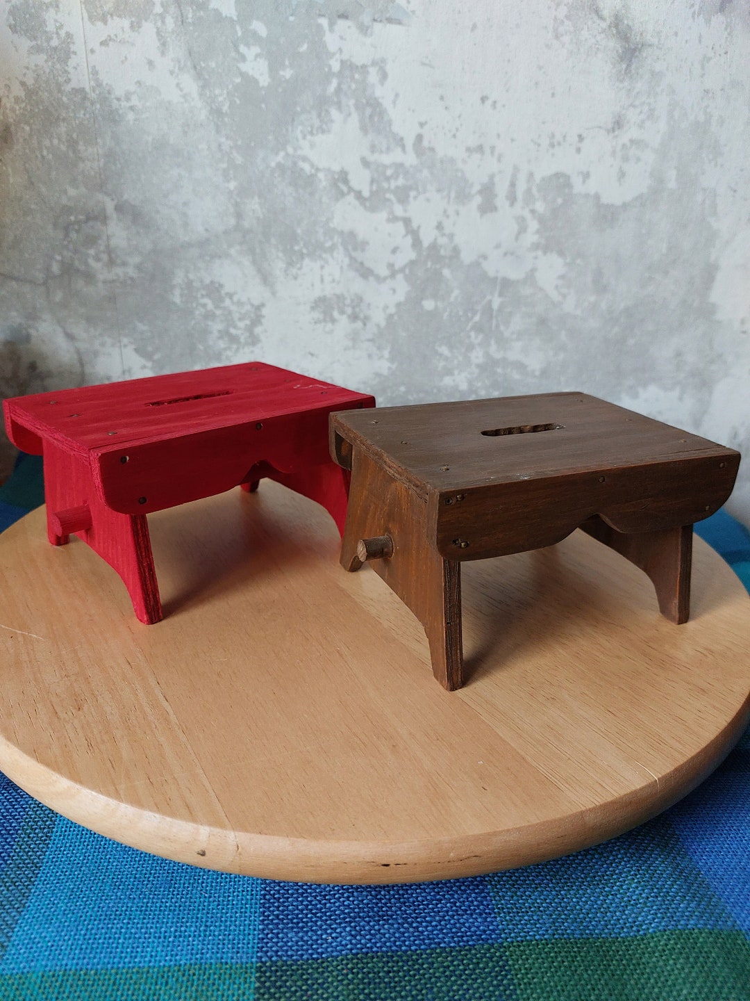 Mini Stool Table Two Miniatures Vintage Wooden Small Stools/tables,red and Brown ...