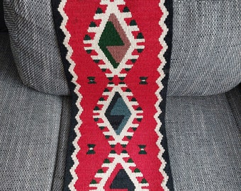 Vintage Handwoven Wool Rug, 1970s, Small Narrow Carpet, Geometric Pattern