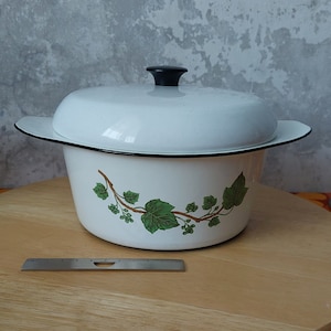 May include: White enamel pot with a black knob lid and a green ivy design. The pot is sitting on a wooden surface.
