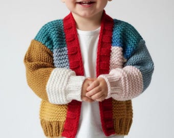 Levendige patchwork babytrui, handgemaakt gebreid veelkleurig peutervest, uniseks babycadeau in opvallende kleuren