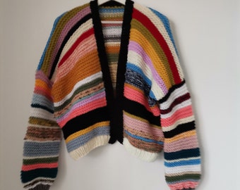 Women's cardigan.  Colorful sweater.  Hand knitted sweater.  wide striped sweater.  Gift jacket.  y2 fashion