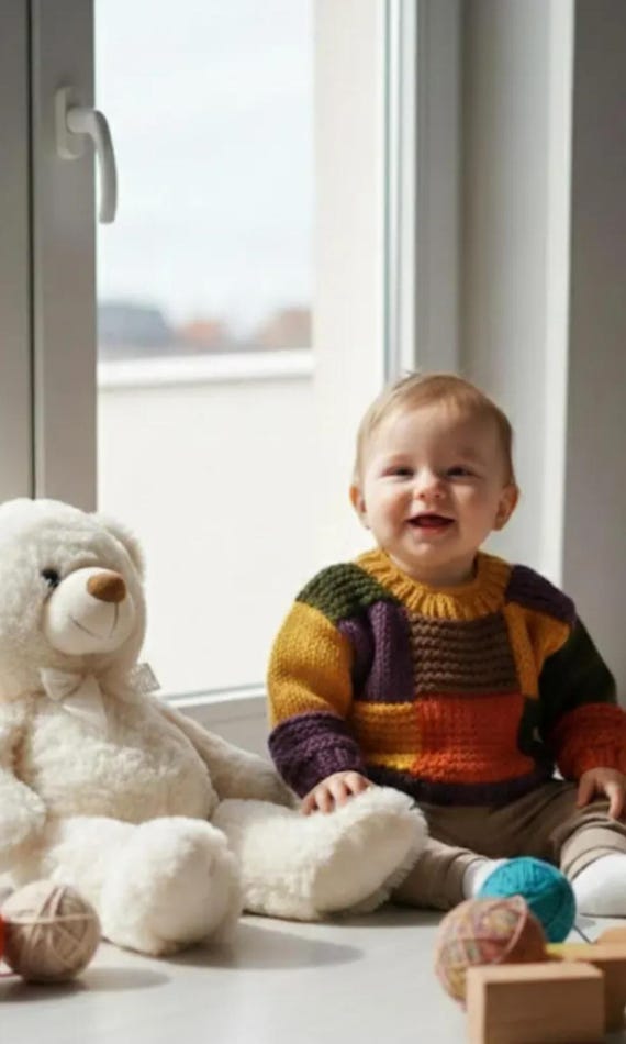 Pastel Patchwork Baby Sweater | Hand Knitted Cotton Newborn Gift | Unisex Toddler Jumper
