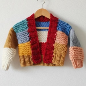 Rainbow Color Block Handmade Baby Cardigan, Unisex Knit Sweater, Toddler Bright Patchwork Gift