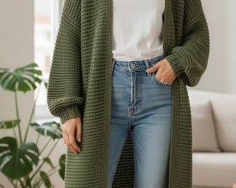 Hand Knit Chunky Wool Cardigan: Oversized Green Cable Knit Sweater