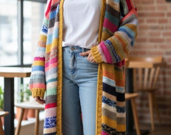 Rainbow Chunky Knit Cardigan, Hand Knit Wool Maxi Duster, Oversized Striped Boho Coat, Gift for Her