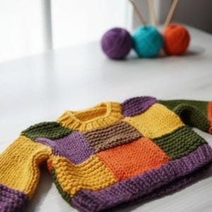 Pastelkleurige patchwork babytrui | Handgebreid katoenen pasgeboren cadeau | Uniseks peutertrui afbeelding 3