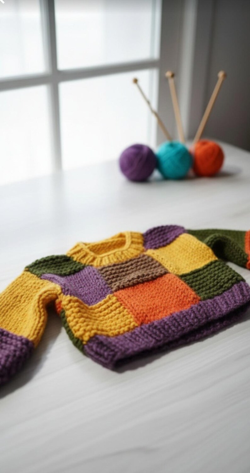 Pastelkleurige patchwork babytrui | Handgebreid katoenen pasgeboren cadeau | Uniseks peutertrui afbeelding 3