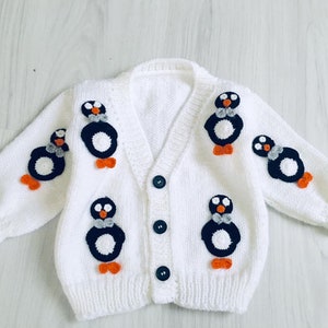 Kids Penguin Knitted Cardigan Sweater | Warm Cozy Wool Cardigan For Toddlers | White Chunky Wool Knit Jacket For Kids