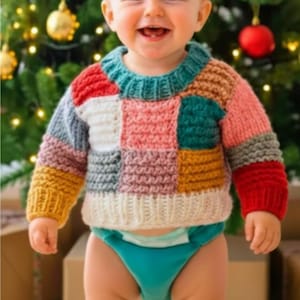 Pastel Patchwork Baby Sweater | Hand Knitted Cotton Newborn Gift | Unisex Toddler Jumper