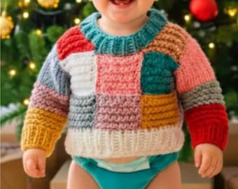Pastelkleurige patchwork babytrui | Handgebreid katoenen pasgeboren cadeau | Uniseks peutertrui