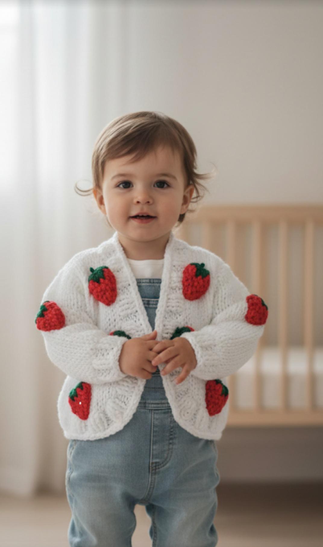 Cozy Baby Cardigan with Strawberries, Handmade Knit Toddler Sweater, White Organic Baby Clothes