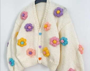 Floral Knit Cardigan, Cottagecore Sweater, Hand Embroidered Flower Jumper, Romantic Chunky Knit Gift