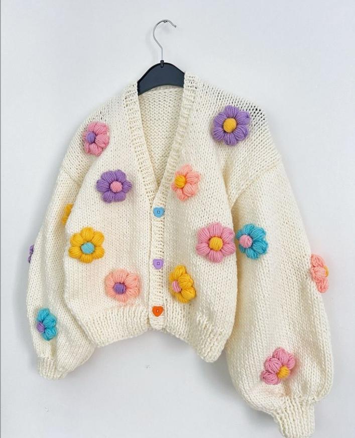 Floral Knit Cardigan, Cottagecore Sweater, Hand Embroidered Flower