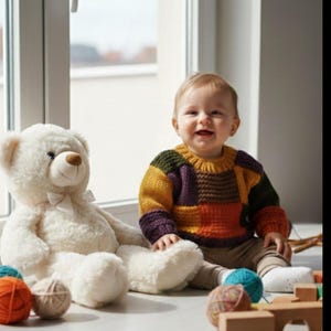 Pastelkleurige patchwork babytrui | Handgebreid katoenen pasgeboren cadeau | Uniseks peutertrui afbeelding 2