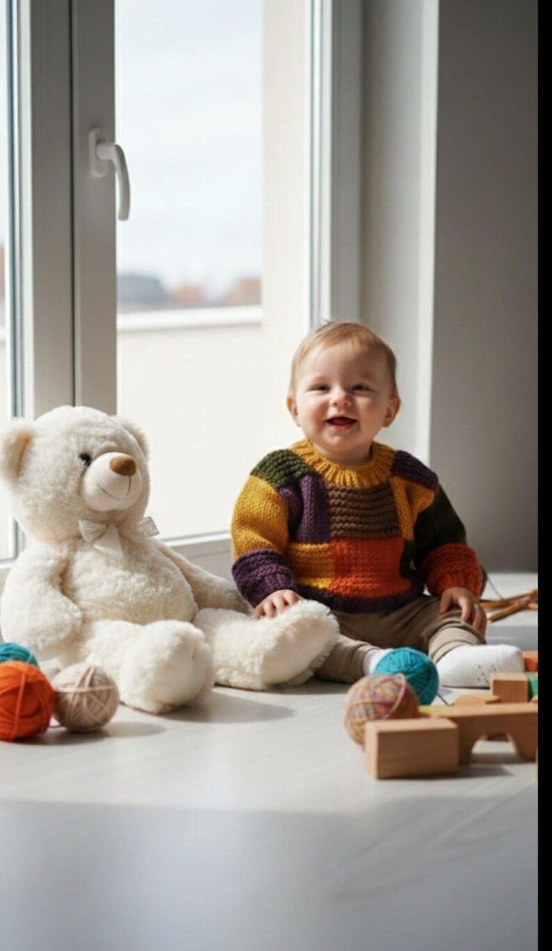 Pastelkleurige patchwork babytrui | Handgebreid katoenen pasgeboren cadeau | Uniseks peutertrui afbeelding 2