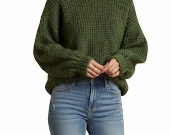 Slouchy Green Oversized Sweater: Hand Knit Chunky Crewneck Jumper | Balloon Sleeve Wool Pullover