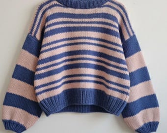 Handmade Oversized Striped Knit Sweater, Balloon Sleeve Pullover