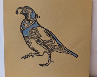 Cottage Quail Print: Hand Carved Linoleum Block, Acrylic Accents