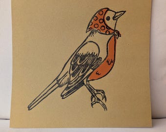 Cottage Robin Print: Hand Carved Linocut, Acrylic Accents