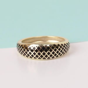 14k Solid Gold Dome Ring: Black Enamel Checkered Statement Band