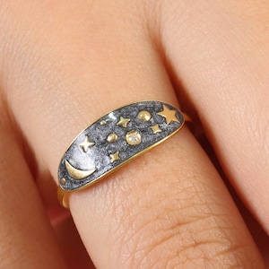 Solid Gold Celestial Ring · Moon & Planet Inspired Jewelry · 14k Astrology Gift for Her · Dainty Space Ring · Minimal Gold Band