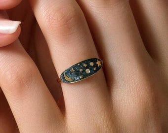 14K Gold Celestial Ring, Diamond Moon and Planet, Astrology Statement Ring