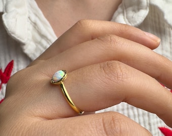 Dainty 14k Gold Opal Ring: Handmade October Birthstone Gift