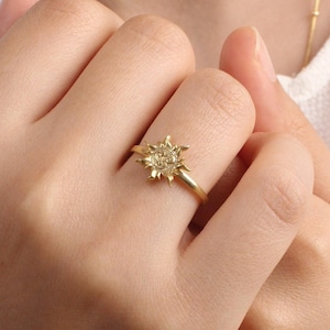 10k Solid Gold Sun Ring: Dainty Celestial Sunburst Band