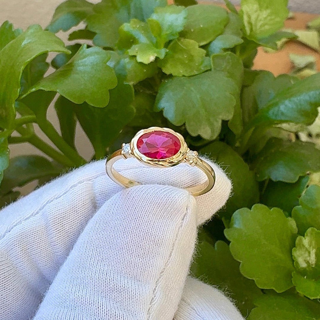 14k Solid Gold Ruby Ring Oval Lab Diamond July Birthstone Engagement ...
