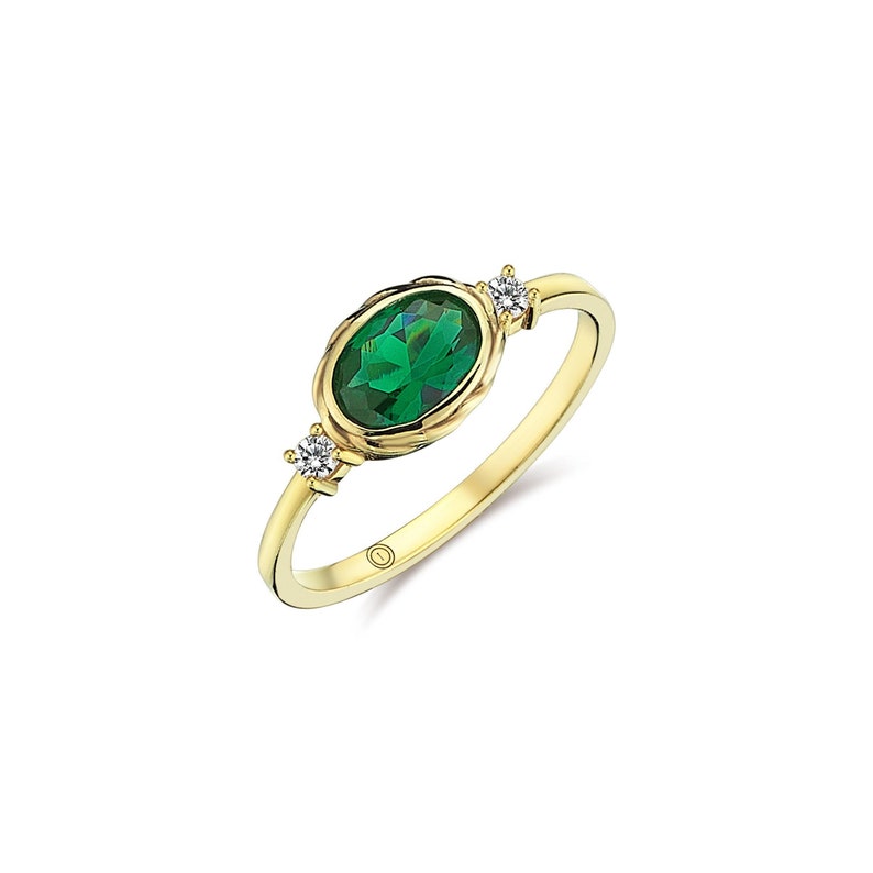 Green Emerald Ring 14k Solid Gold Oval Cut Emerald Ring Green Gemstone ...