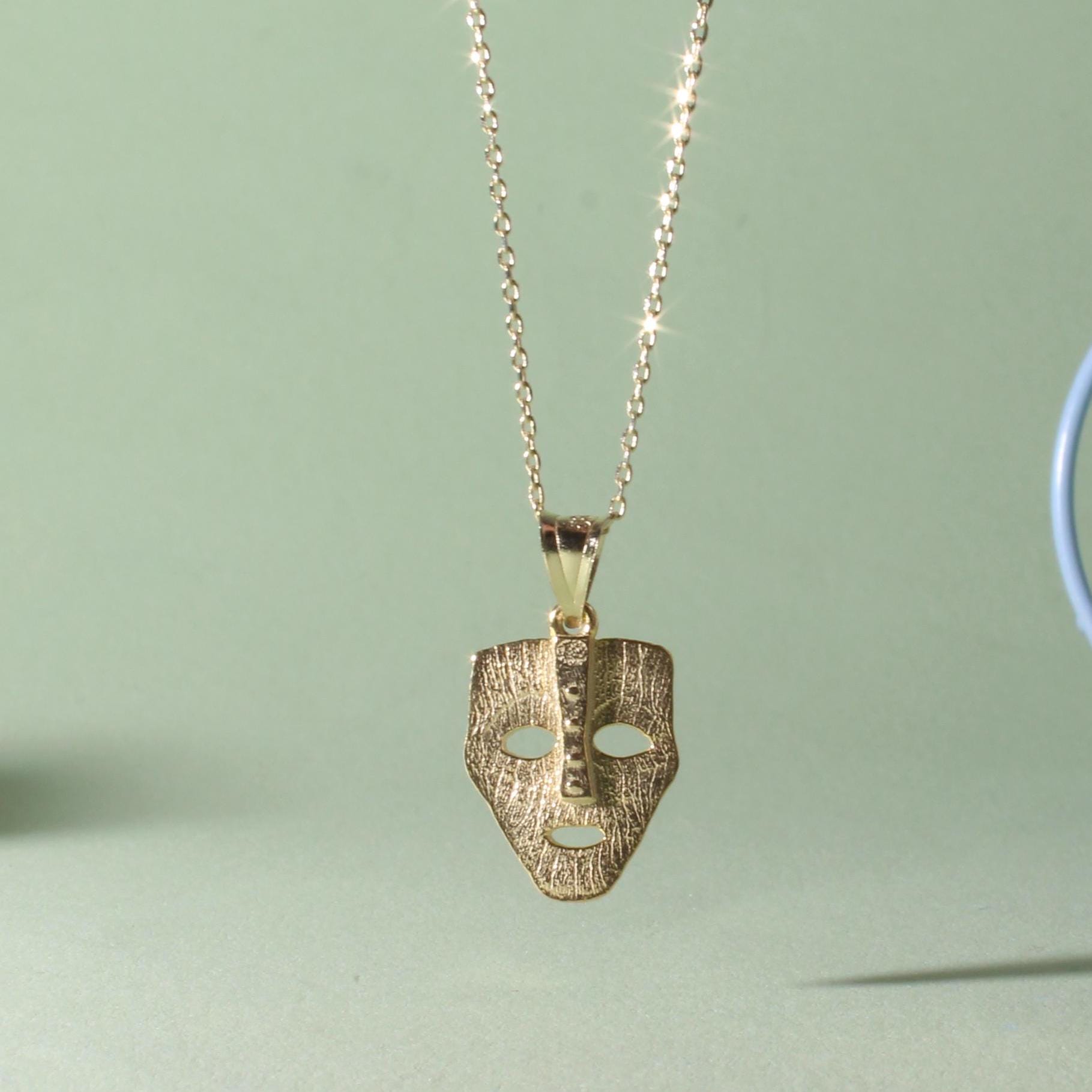 Elegant Gold Theater Mask Pendant - Hammered Drama Necklace
