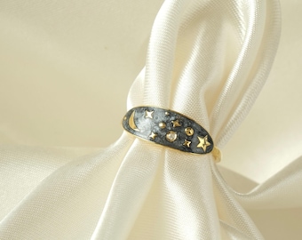 Delicate 14k Gold Celestial Ring: Moon, Planet & Diamond - Cosmic Jewelry for Astrology Lovers