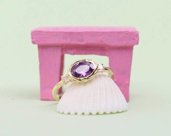 Handmade Amethyst Ring 14k Gold Oval Gemstone Valentines Gift February Birthstone Purple Jewelry