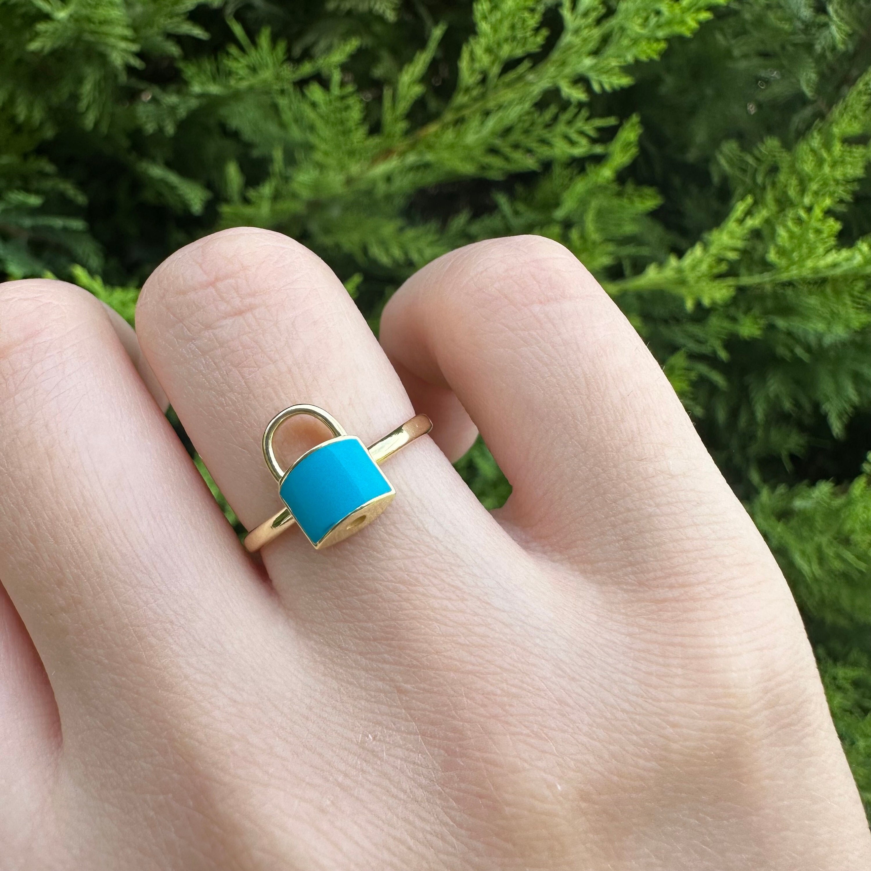 Elegant 14k Solid Gold Lock Ring with Blue Enamel - Minimalist Jewelry for Valentine's Day