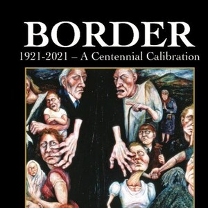 Pode incluir: Uma pintura que retrata um grupo de pessoas, principalmente crianças, com um fundo escuro. A pintura é intitulada "BORDER 1921-2021 - A Centennial Calibration" e é de Darach MacDonald. O texto "Foreword by Eoin McNamee" também está incluído.