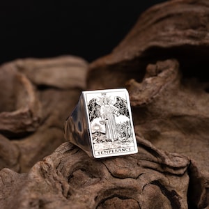 Anillo de templanza de tarot de plata, anillo de cartas de tarot de templanza de plata de ley 925K, carta de templanza de tarot, regalos de tarot, joyería de tarot
