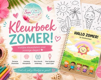 Può includere: Un libro da colorare rilegato a spirale intitolato Hallo Zomer di Sandra Evers con un'illustrazione colorata di bambini, un sole e un arcobaleno. Il set include due pagine da colorare in bianco e nero a tema estivo e matite colorate.