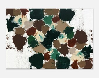 May include: A rectangular canvas featuring an abstract composition of thick, textured paint strokes in shades of dark forest green, deep chocolate brown, muted beige, and cream, all set against a stark, bright white background surface.
