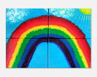 Rainbow Abstract Canvas Print - Vibrant Sun, Clouds, & Rain Design for Kids' Rooms