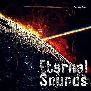Puede incluir: Una imagen oscura y texturizada de un planeta con un brillo naranja y amarillo brillante. Un rayo de luz arcoíris brilla sobre el planeta. El texto "Eternal Sounds" está en blanco, negrita y fuente texturizada.