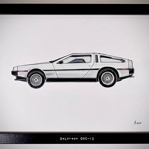 May include: A black and white line drawing of a DeLorean DMC-12 car on a white background. The car is drawn in profile, with the driver's side facing the viewer. The car has a distinctive gull-wing door design.