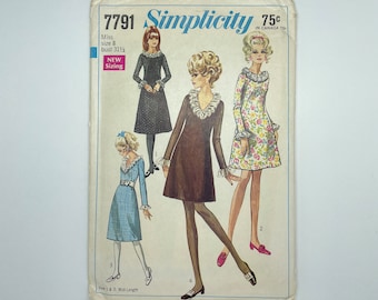 Simplicity 7791 - Patrón de costura para vestido vintage de mujer, años 60, talla 8